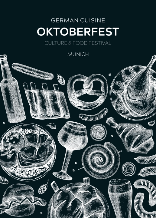 Oktoberfest background on chalkboard. German food and drinks menu design. Vector meat dishes sketches. German cuisine vintage wreath. Popular beer festival illustration in sketched style.